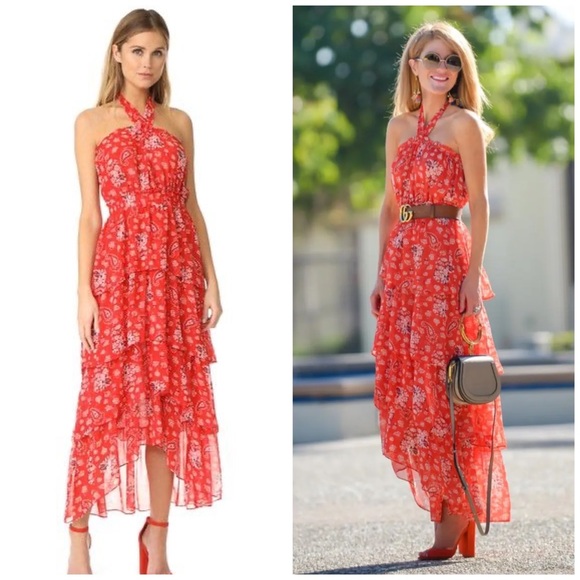 NEW MISA Los Angeles Halter Neck Ruffle Tiered Floral Maxi Dress Red Boho Summer - Picture 5 of 16